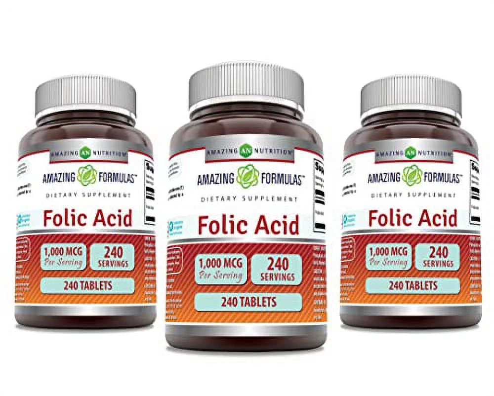 Amazing Formulas Folic Acid 1000 mcg (1 mg) 240 Tablets Supplement | Vitamin B9 | Non-GMO | Gluten Free | Made in USA | Pack of 3