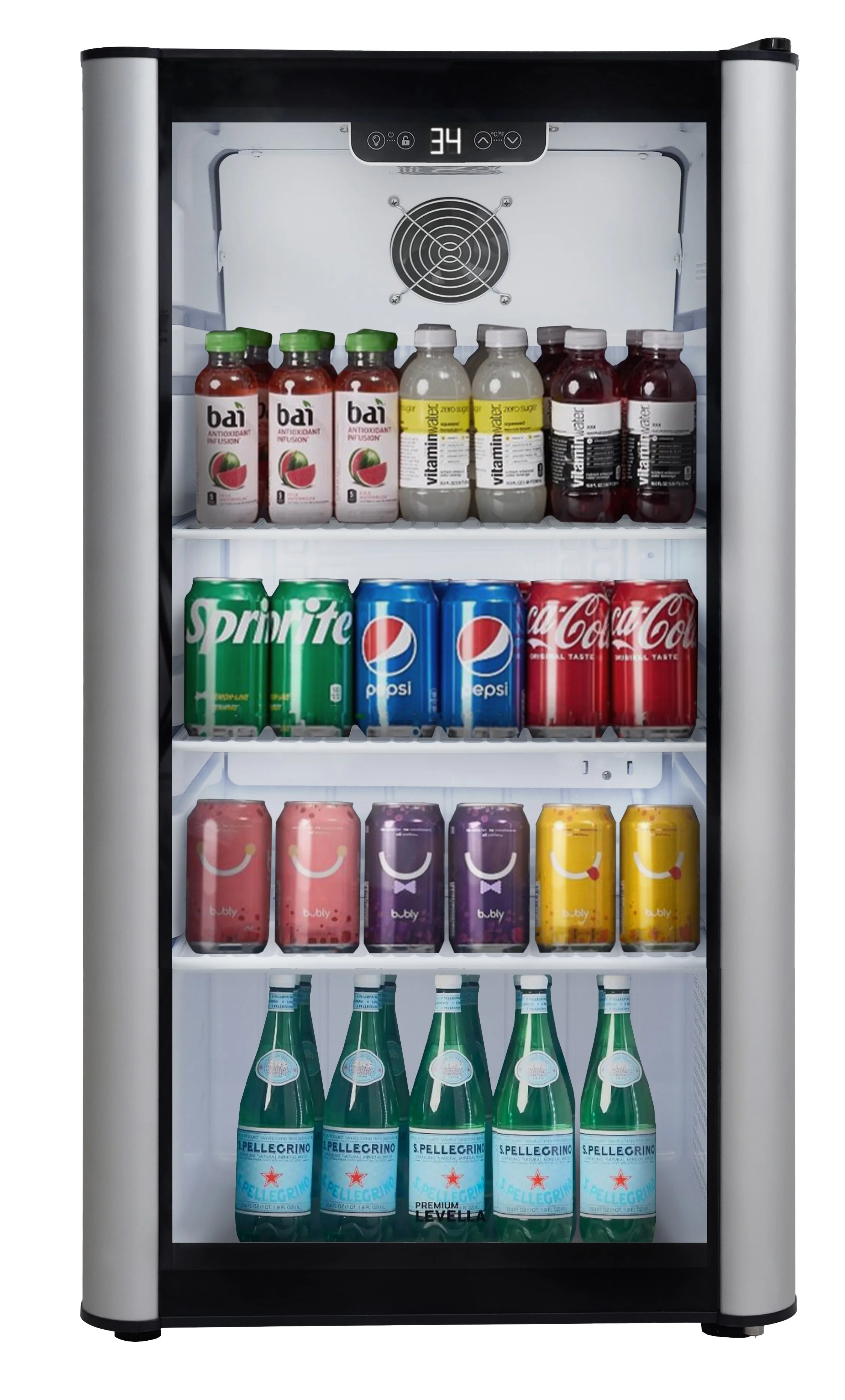 Premium Levella PRF36DX Glass Door Display Refrigerator 3.1 cu ft Commercial Beverage Cooler Merchandiser - Silver