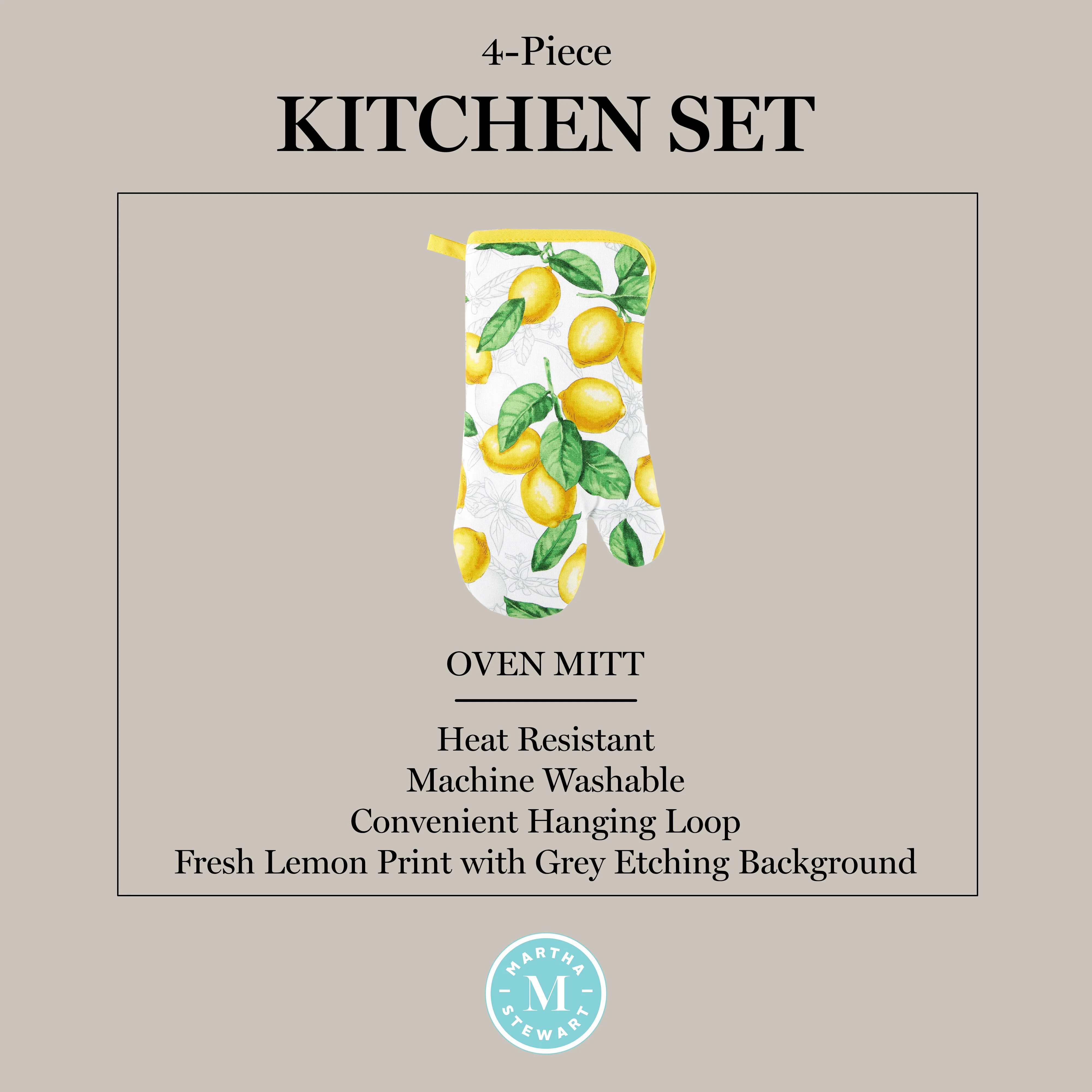 Martha Stewart Lots of Lemons Modern Kitchen Towel, Oven Mitt & Potholder Set 4-Pack, White-Yellow, 2KT: 16