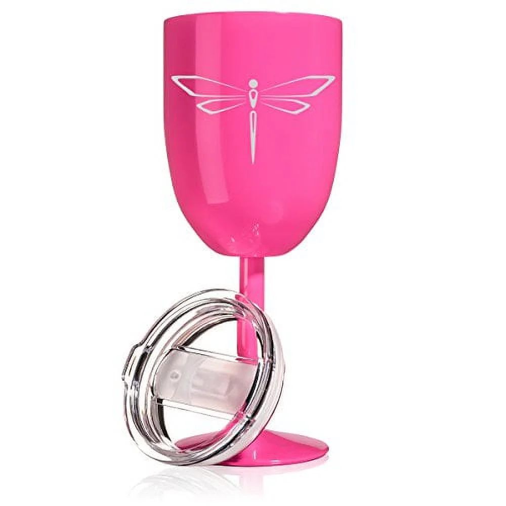 14 oz Double Wall Vacuum Insulated Stainless Steel Wine Tumbler Glass with Lid Dragonfly (Hot Pink)