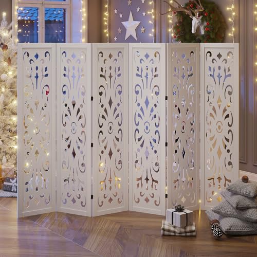 5.6Ft Room Divider Folding Wood Simple Carved Partition Screen for Home Office Garden - 6 Panels (Natural)