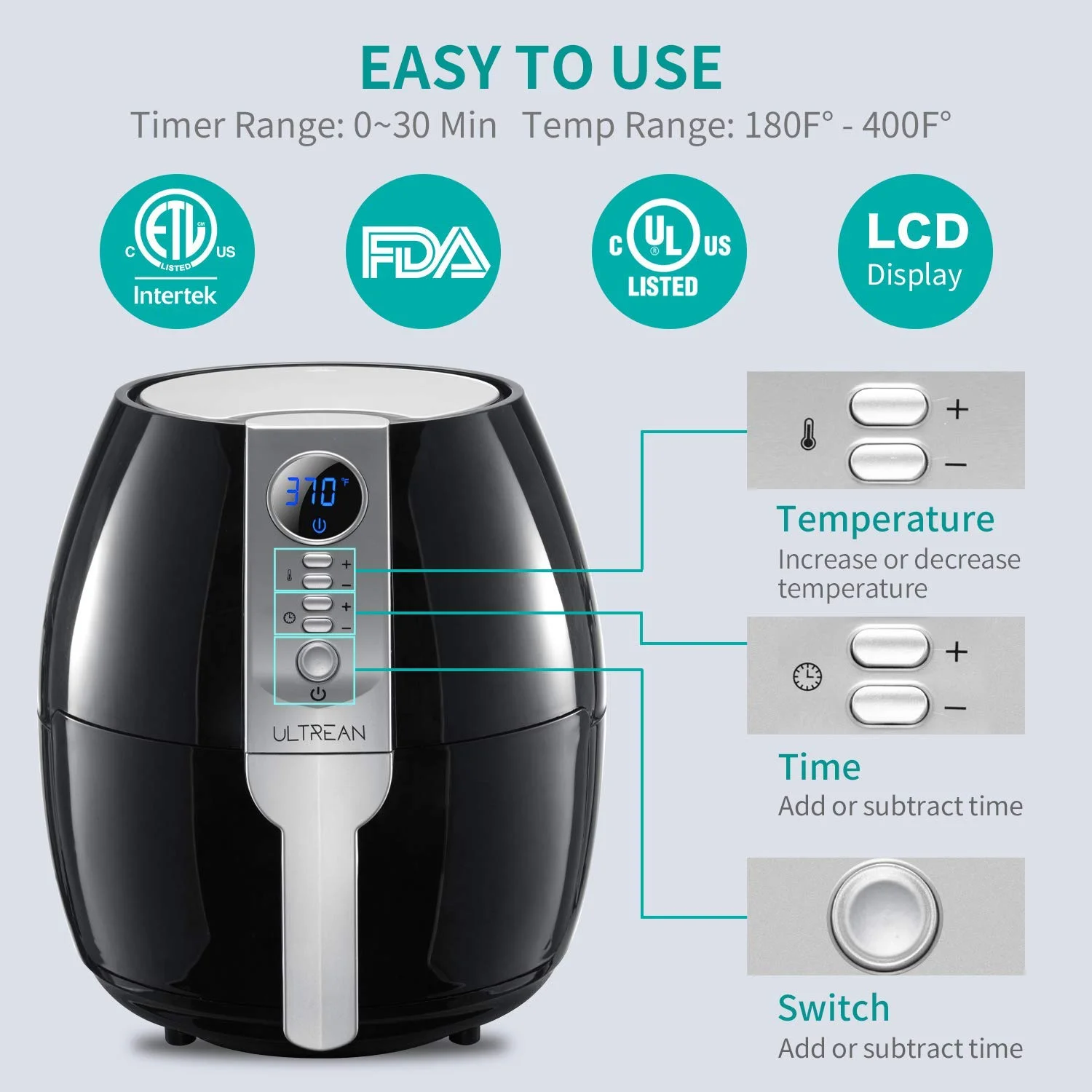 Ultrean Air Fryer, 4.2 Quart Electric Hot Airfryer Oven Oilless Cooker with LCD Digital Screen and Nonstick Frying Pot, UL Certified, 1-Year Warranty, 1500W (Black)