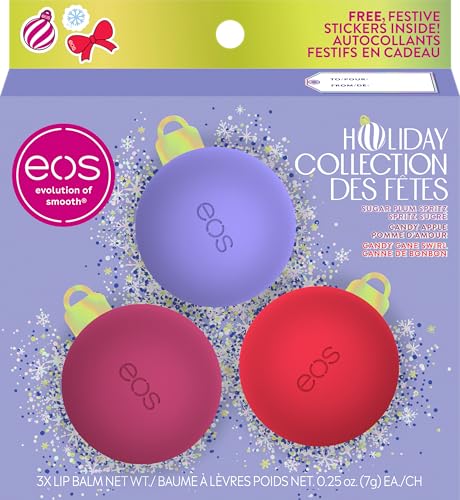 eos Holiday 24H Moisture Mini Super Balm Set, Sugar Plum Spritz, Candy Cane Swirl, Iced Sugar Cookie, Limited Edition Lip Care, Stocking Stuffers, 0.24 fl oz, 3-pack