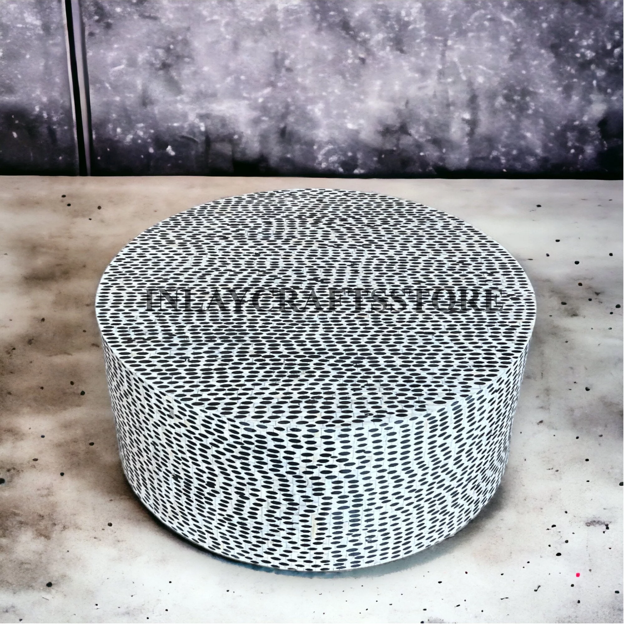 LAKECITY ARTS Bone Inlay Leopard Design Round Coffee Table Black, Bone Inlay Leopard Design Round Center Table Black