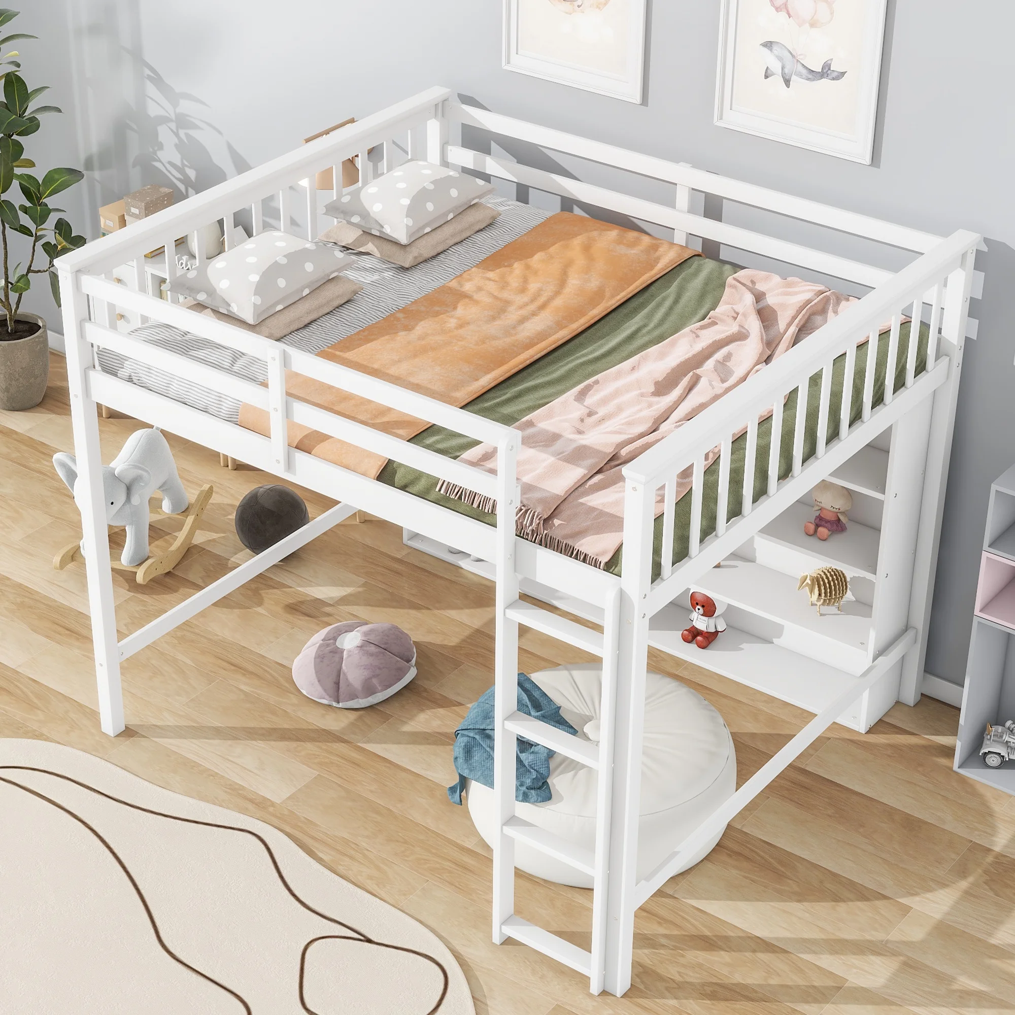 Churanty Wood Full Size Loft Bed with 8 Open Storage Shelves, Full Loft Bed Frame with Built-in Bookcase for Dorm Kids Teens, White