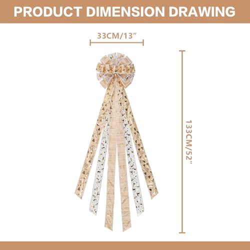 Christmas Tree Topper Bow, 44X12 Inch Artificial Xmas Tree Flower Topper Decor, for Family, Wedding, Birthday Party, Indoor Outdoor Thanksgiving Christmas Decoration - Gold/Snowflake.