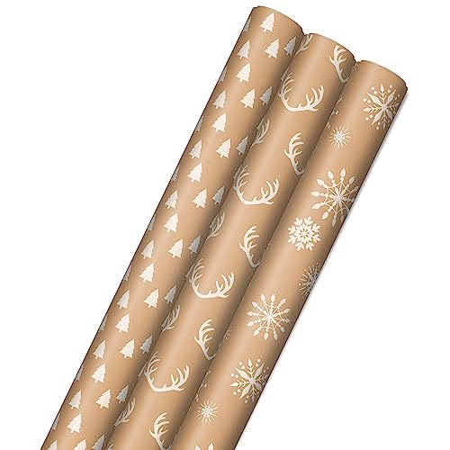 Hallmark Christmas Wrapping Paper Rolls - Minimalist Brown Kraft Trees, Antlers, Snowflakes Gift Wrap Paper (3 Rolls: 90 sq. ft. ttl.) for Holiday Parties, Hanukkah, Winter Weddings