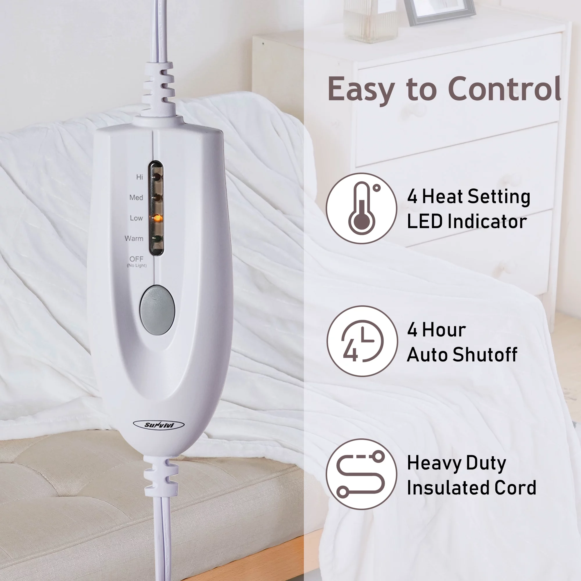 Superjoe Electric Throw Heated Blanket, Double-Layer Flannel, 4 Heat Settings and Auto-off, 60