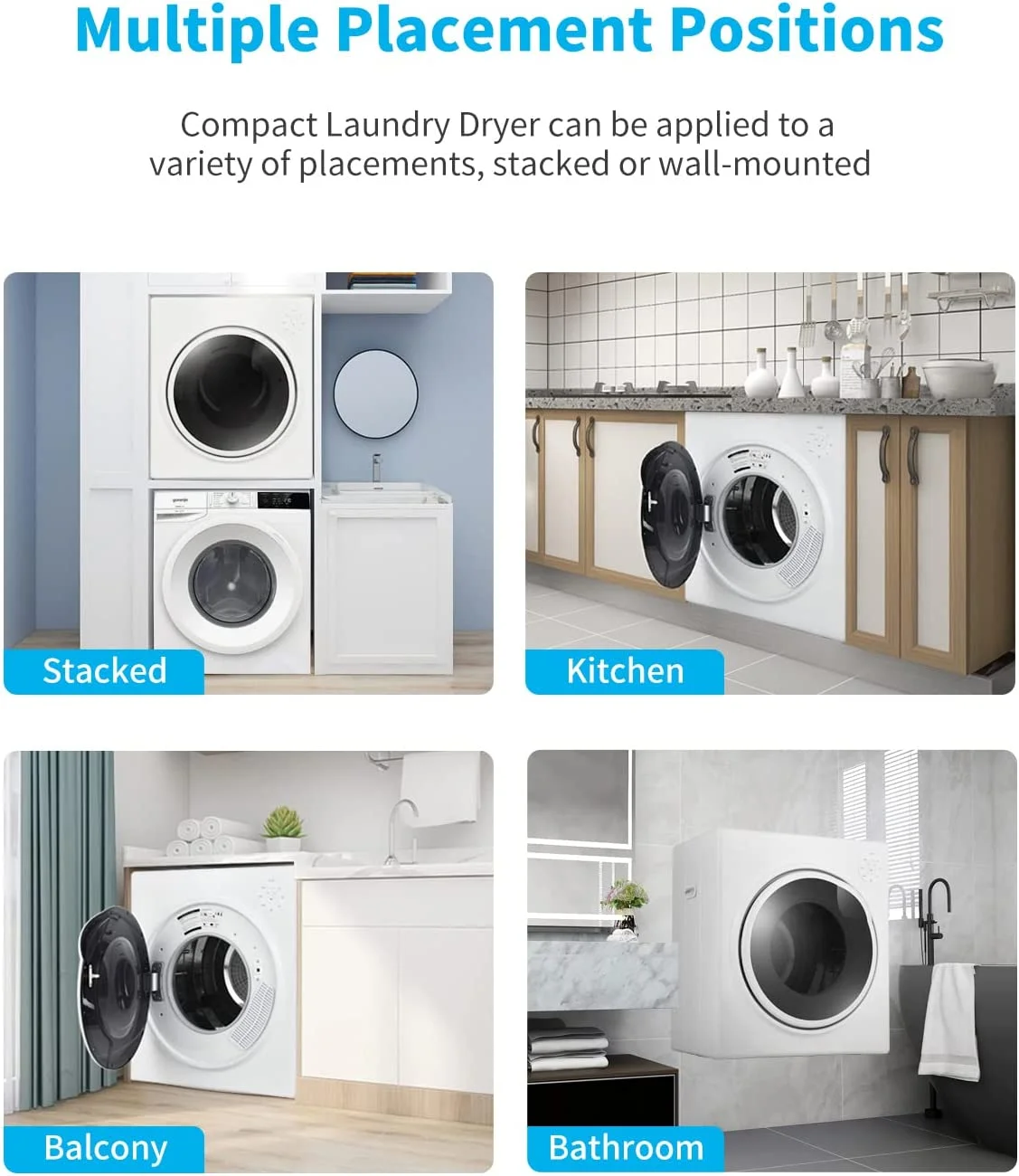 Muhub White Portable Dryer, 13lbs Portable Clothes Dryer with Stainless Steel Tub, 110V Power Compact Laundry Dryer, Control Panel Upside Easy Control for 4 Automatic Drying Mode