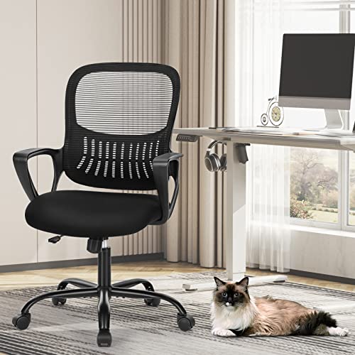 Sweetcrispy Office Computer Desk Managerial Executive Chair, Ergonomic Mid-Back Mesh Swivel Rolling Work with Wheels, Comfortable Lumbar Support, Comfy Arms for Home, Bedroom, Study, Student, Black