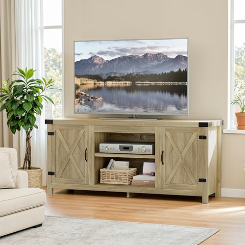 YESHOMY Modern Farmhouse TV Stand with Two Barn Doors and Storage Cabinets for Televisions up to 65+ Inch, Entertainment Center Console Table, Media Furniture for Living Room, 58 Inch, Gray Wash