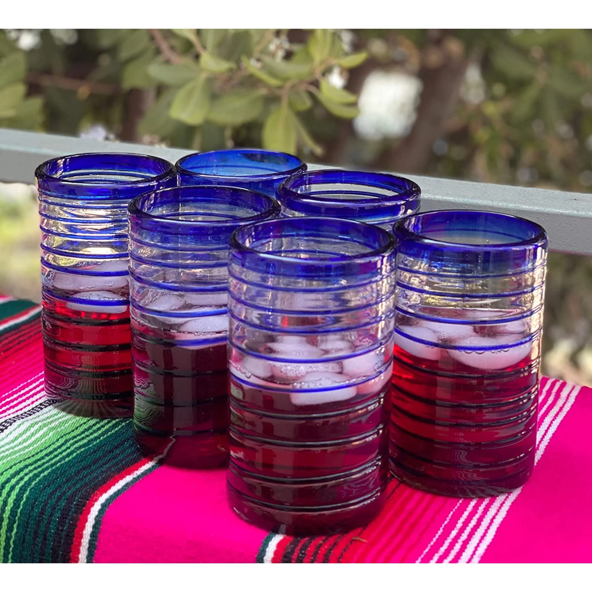 Hand Blown Drinking Glasses – Set of 6 Glasses with Blue Spiral Design 14 oz.