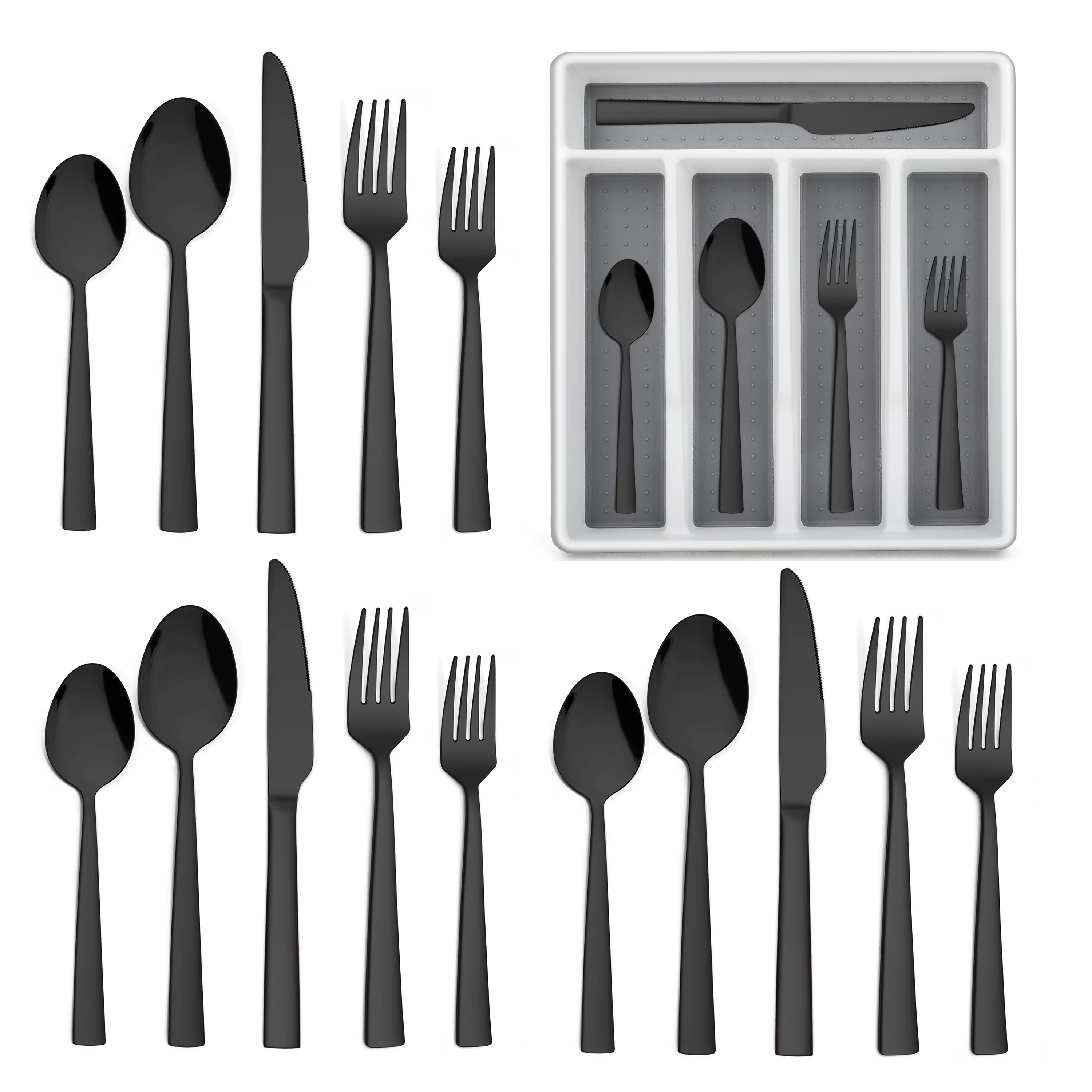 Walchoice 20-Piece Black Silverware Set with Drawer Organizer, Stainless Steel Flatware Cutlery Set for Home Restaurant, Elegant Eating Utensils Tableware Plus Plastic Tray
