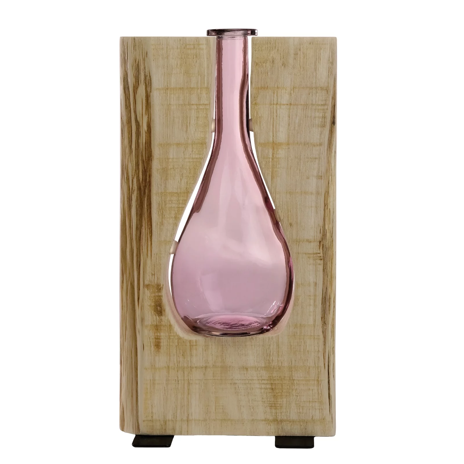 Excello Global Products Round Pink Glass and Wood Vase - Rustic Flower Vase Decorative Centerpieces for Dining Room Table Coffee Tables Vintage Farmhouse Decor (Tall - 13