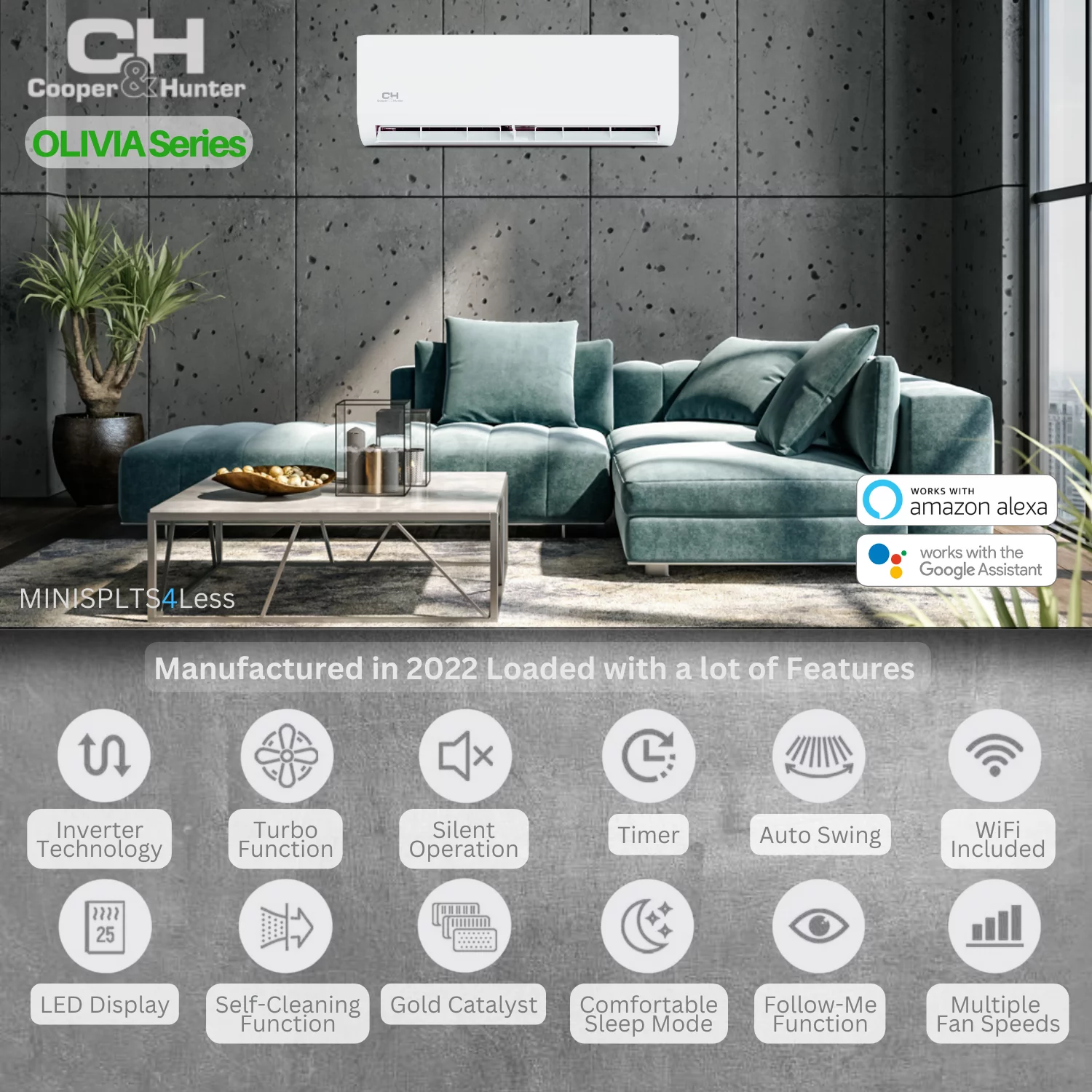 Cooper & Hunter 18000 BTU 230V Wall Mounted Dual 2 Zone Mini Split Heat Pump Air Conditioner 9K + 12K BTU Cover 950 Sq Ft WiFi