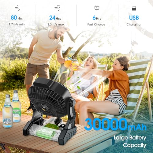 Camping Fan with LED Lantern, 36 Hours 9 Inch Portable Rechargeable Battery Powered Fan with Stepless Speed and Quiet Battery Operated for Picnic, Barbecue, Fishing, Travel, Home, Tent