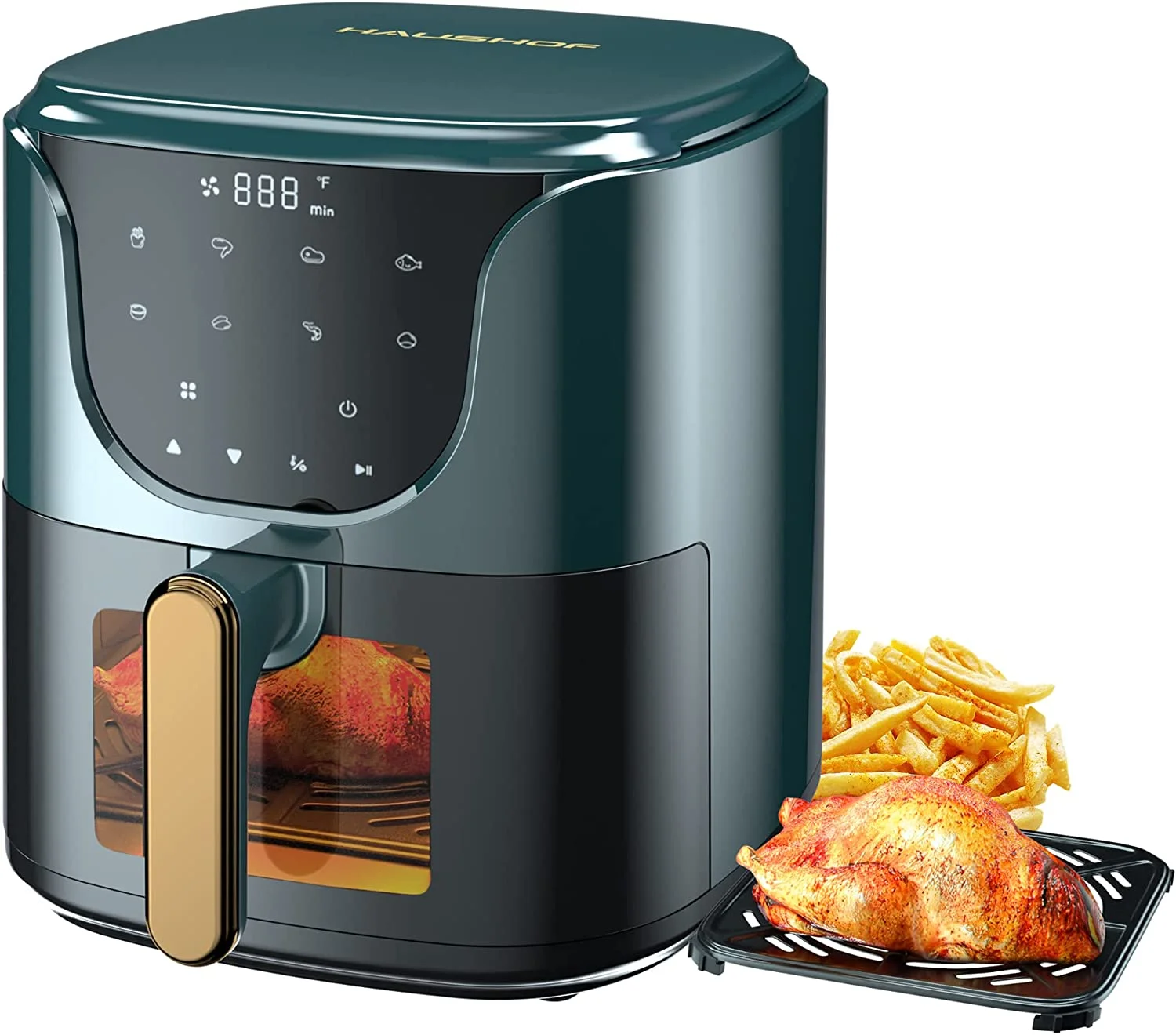 HAUSHOF 5.8QT Air Fryer Small Oven, Digital Oil-Less Cooker 1450W Airfryer, 8 Presets Cooking Functions, Time & Temperature Control, with Nonstick Tray, Green