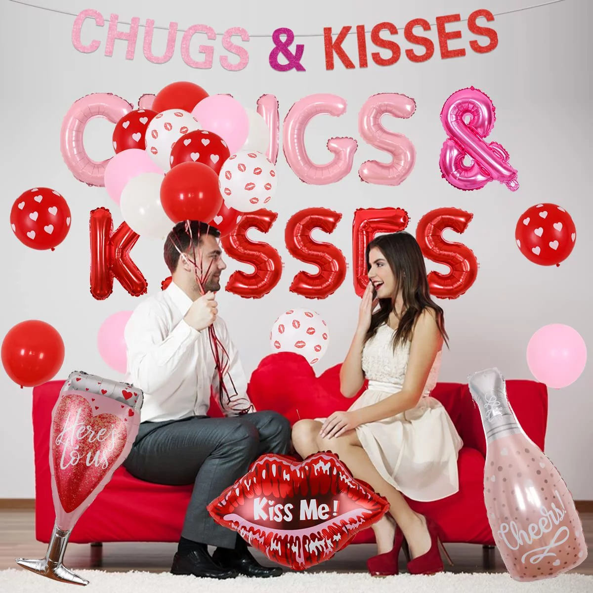 Valentines Day Balloon Garland Decoration Chugs and Kisses Balloon Banner Pink Red White Galentines Day Decorations Red Lips Kiss Me Balloons for Wedding Anniversary Bridal Shower Party Decorations