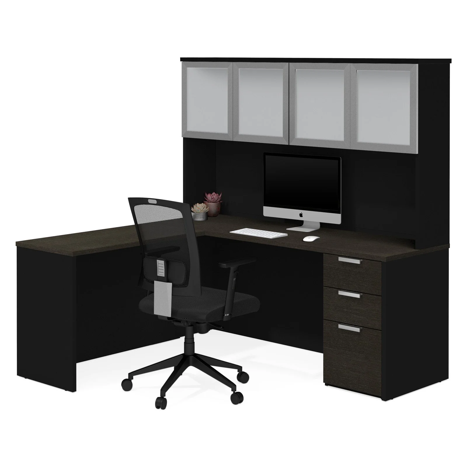 Bestar Pro Concept Plus L Desk with 4 Door Hutch in Deep Gray and Black