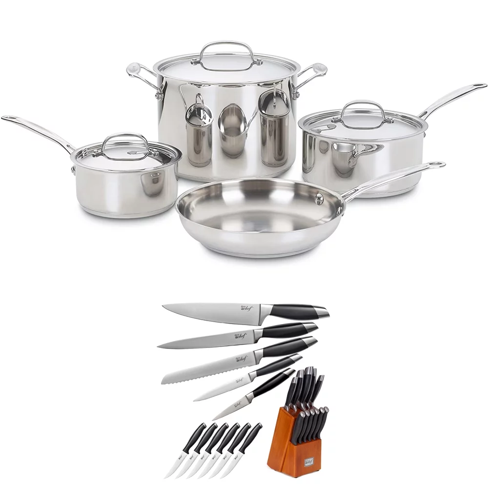 Cuisinart 77-7P1 Chef's Classic 7-Piece Cookware Pot and Pan Set - Stainless Steel Bundle with Deco Chef Gourmet 12 Piece Stainless Steel Knife Set with Storage Block