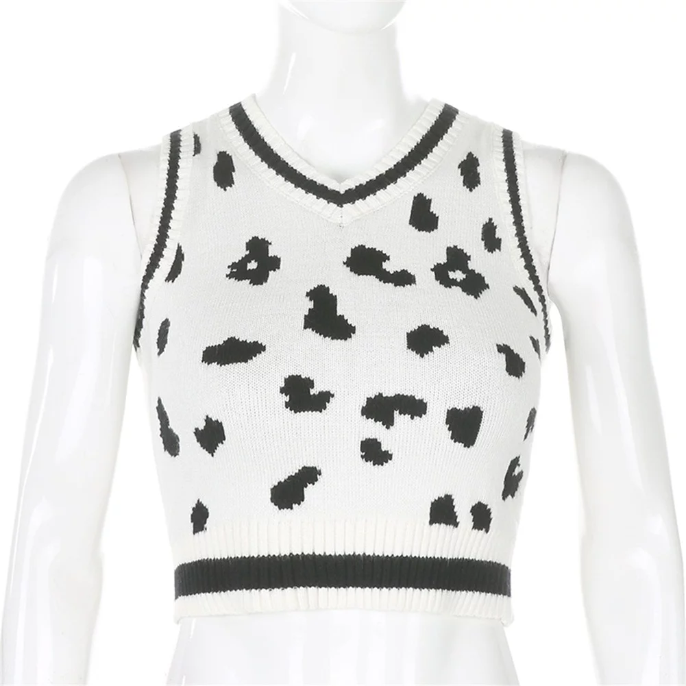 Fanvereka Classic Sweater Vest Women’s Trendy Cow Print Sleeveless V Neck Rib Knit Pullover Crop Top