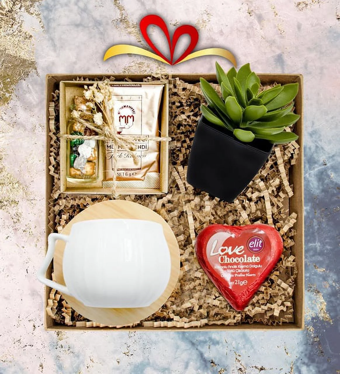 White Bamboo Cup & Skulent & Coffee and Draje Set & Heart Chocolate Gift Set