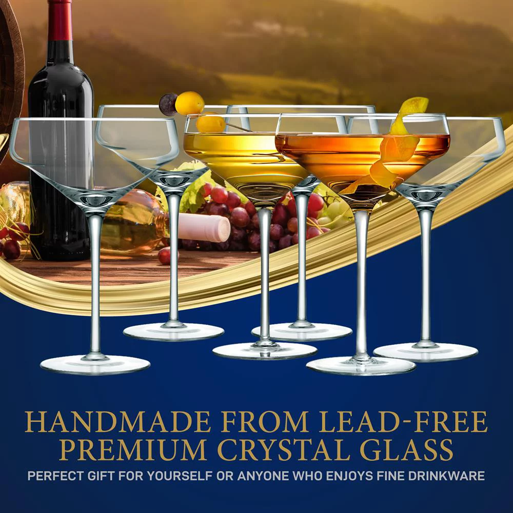6 Sets of Crystal Martini Glass, Ultra Clear, Elegant Wine Glass, 100% Hand Blown, Dishwasher safe, Classy and Reusable Packaging