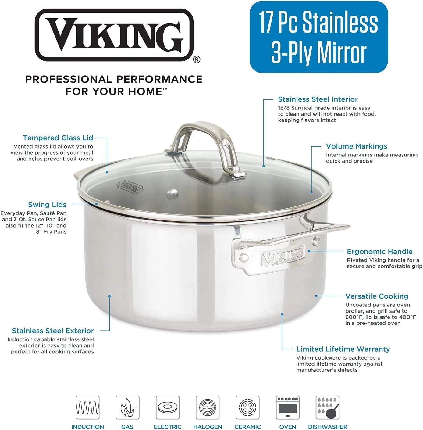 durable Viking 3-Ply 17pc Stainless Steel Cookware Set with Glass Lids