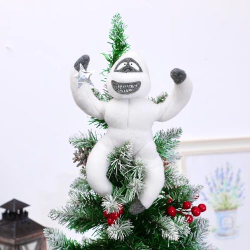 Christmas Tree Topper Abominable Snow Monster Ornament, Poseable Handmade Abominable Chimpanzees Hugger with Star, Can be Hung Snowman Tree Topper Xmas Decorations (White)