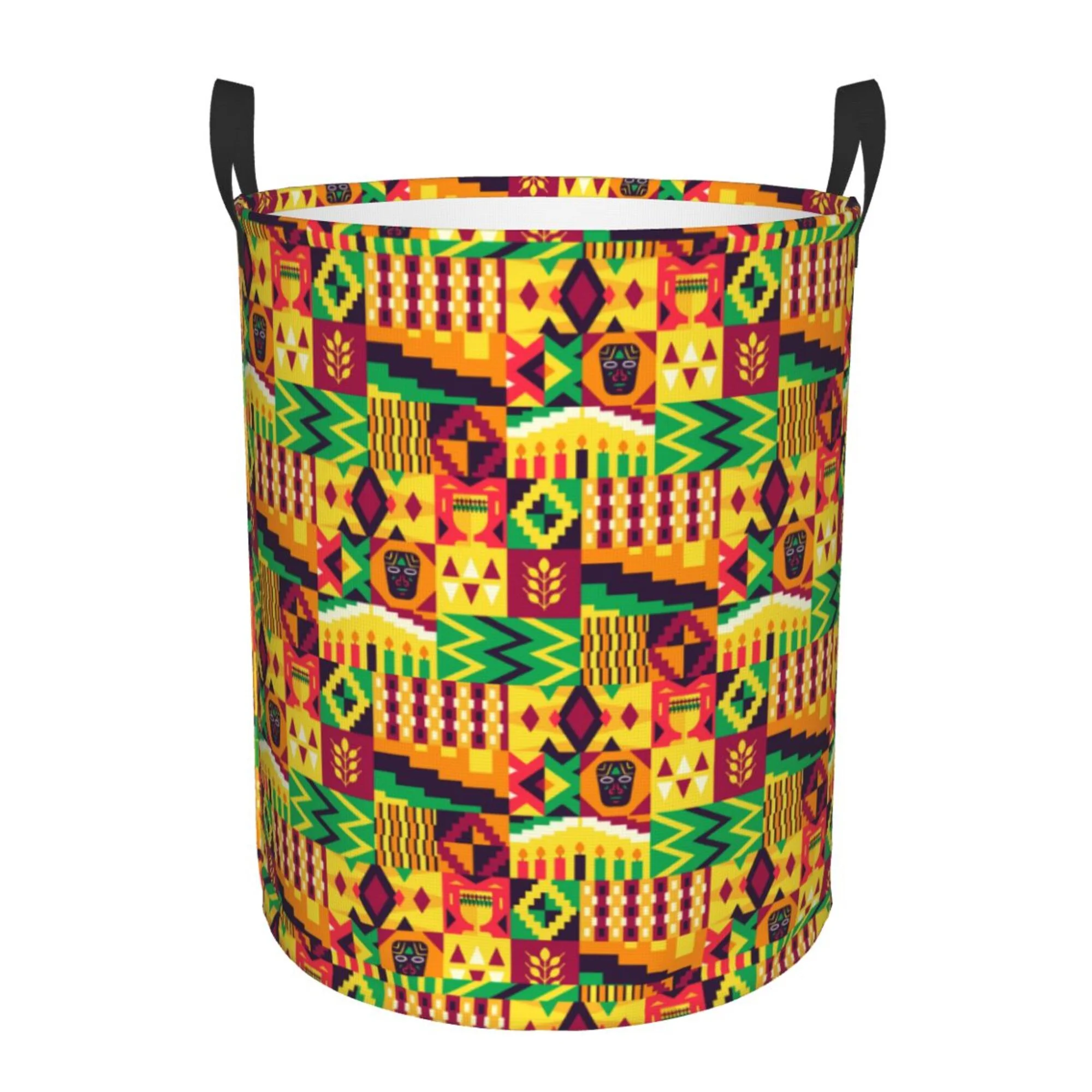 TEQUAN Waterproof Laundry Hampers, African Culture Element Kwanzaa Pattern Clothes Storage Basket with Handle (S)