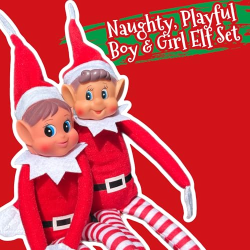 Elfie (Boy) and Elvie (Girl) Set Fun and Playful Elves Behavin' Badly Figure with Soft Body and Vinyl Face-Set of 2, Red