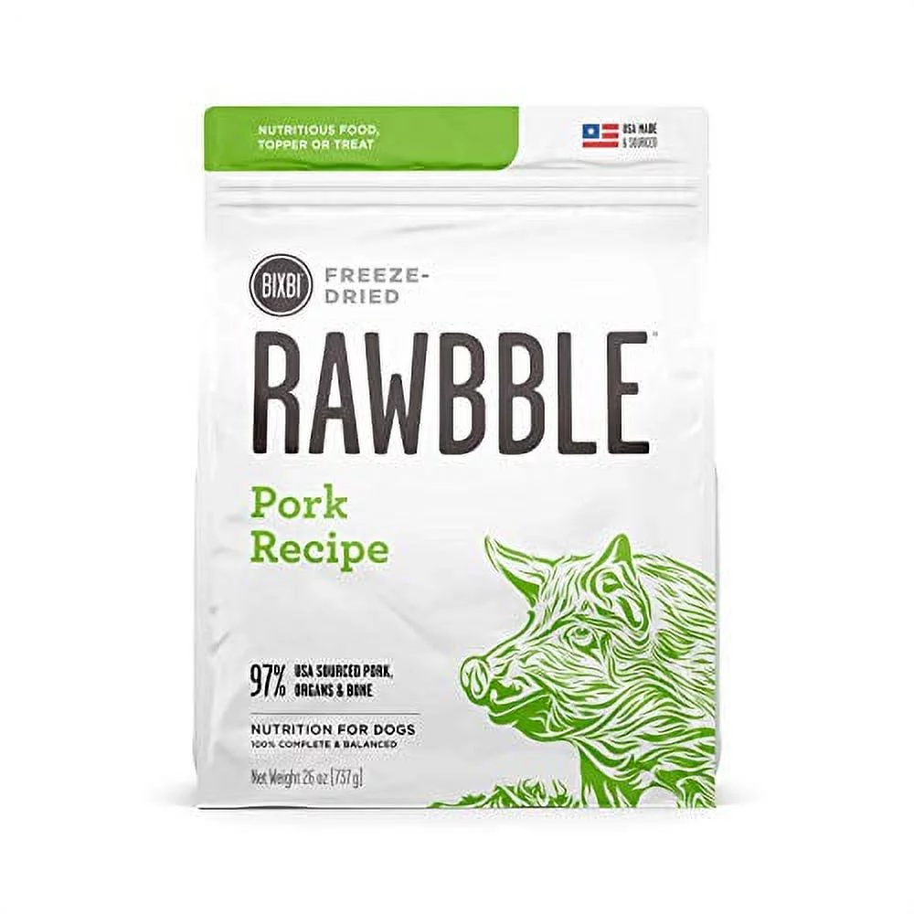 BIXBI Rawbble Freeze Dried Dog Food, Pork Recipe, 26 Oz - 97% Meat and Organs, No Fillers - Pantry-Friendly Raw Dog Food for Meal, Treat Or Food Topper - USA Made in Small Batches