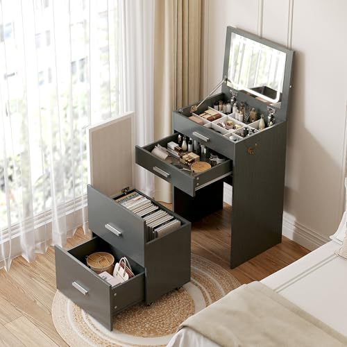 Compact Vanity with 3 Drawers, 3 in 1 Vanity Desk, Makeup Desk with Flip-up 3 Colors Lighting Mirror and Cushioned Stool, Small Vanities Nightstand Perfect for Bedroom, White
