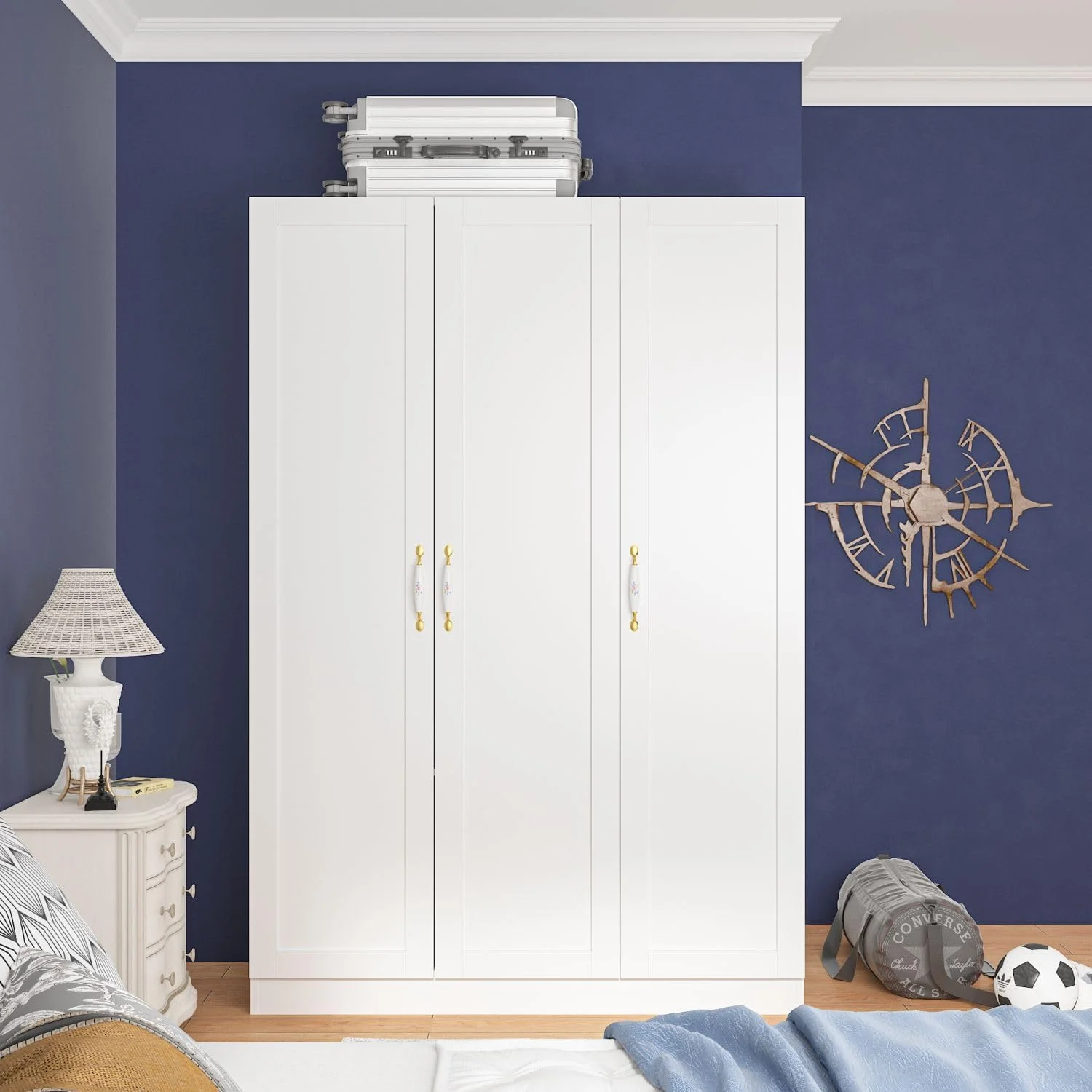 3 Door Wardrobe Closet with Ceramic Handles, Armoire Wardrobe Closet with Hanging Rod, Armoire with Shelves, for Bedroom White (47.2”W x 18.3”D x 69.6”H)