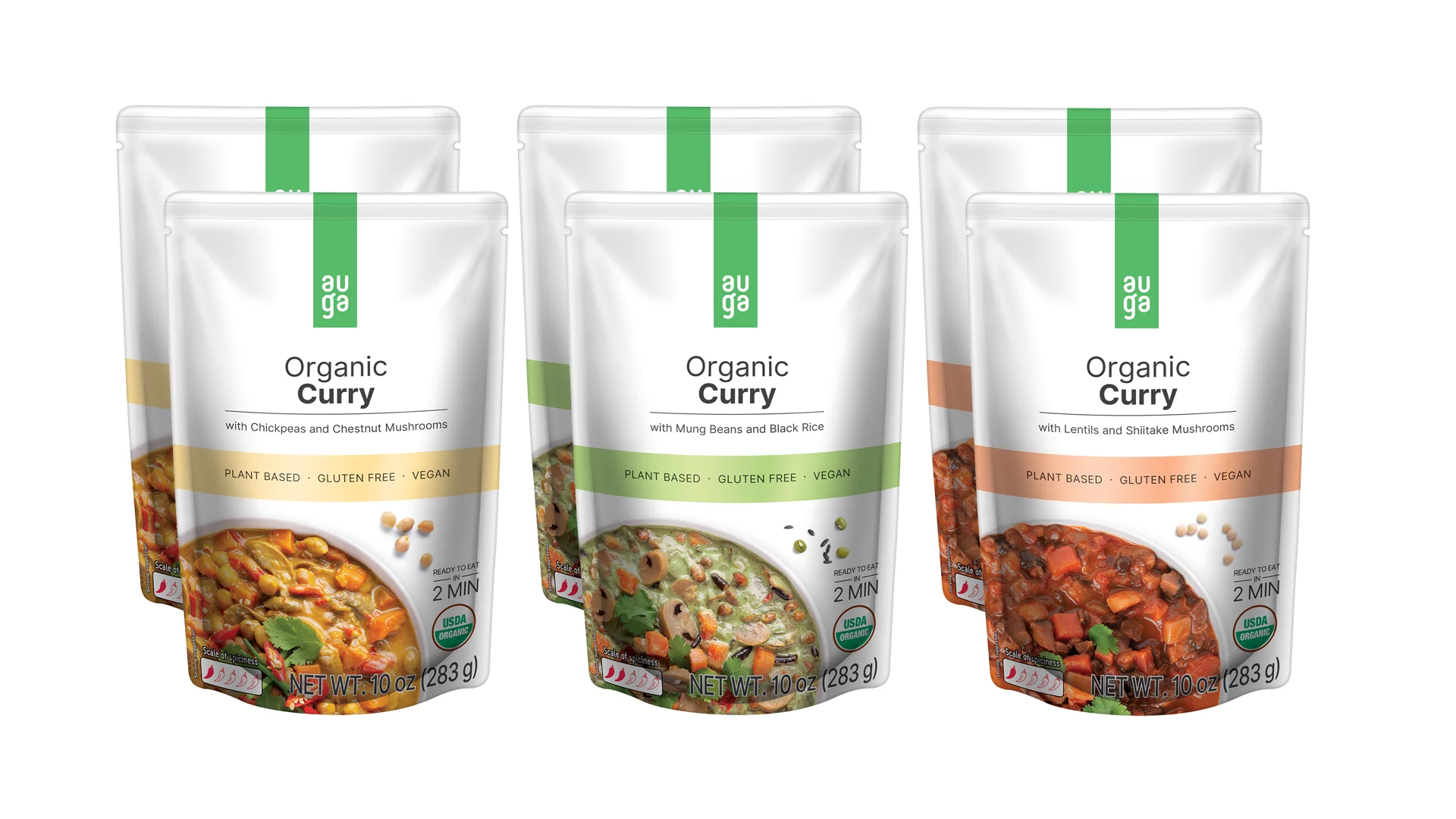 AUGA Organic Curry Meal Variety Bundle, 10oz (6-pack) (Green, Red, Yellow) Vegan Plant Based Vegetarian