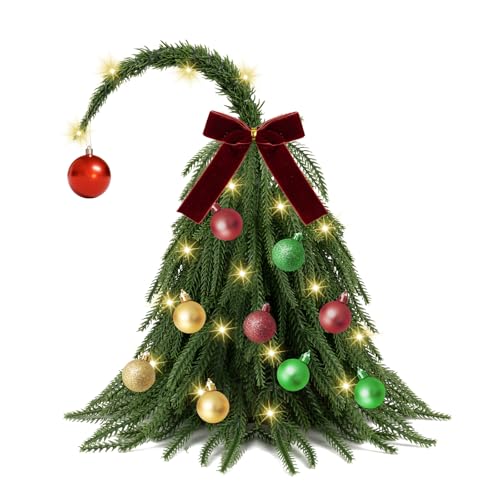 MACTING Norfolk Pine Christmas Tree with 40 Lights & Hanging Ornaments 12 INCH Whimsical Small Table Top Tree Mini Bendable Curved Tree for Fireplace Desktop Office Party Indoor Xmas Decorations