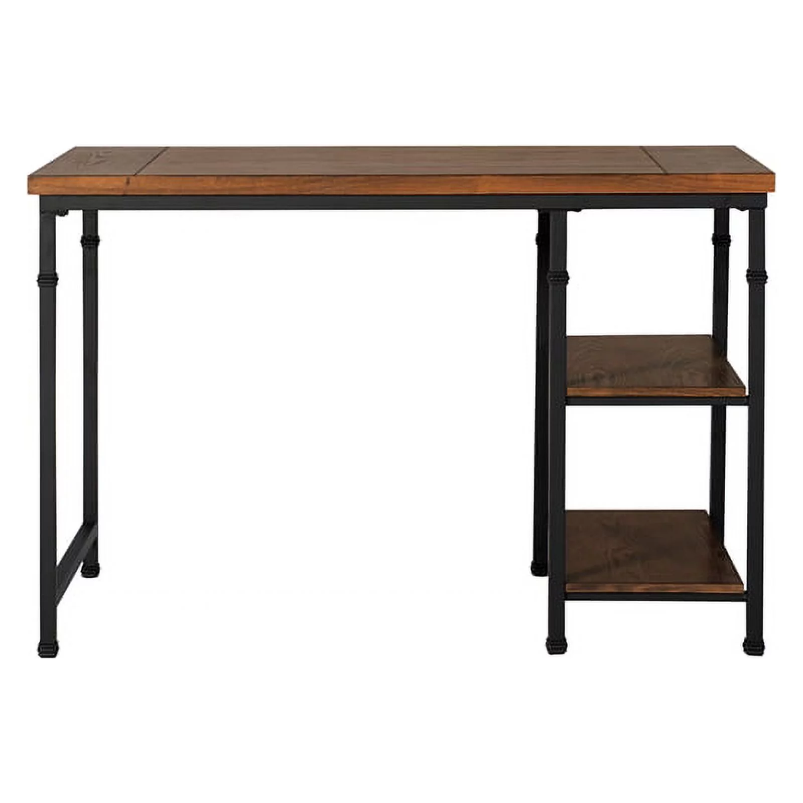 Pemberly Row Sturdy Rustic Desk with 2 Wood Shelves and Metal Frame in Black