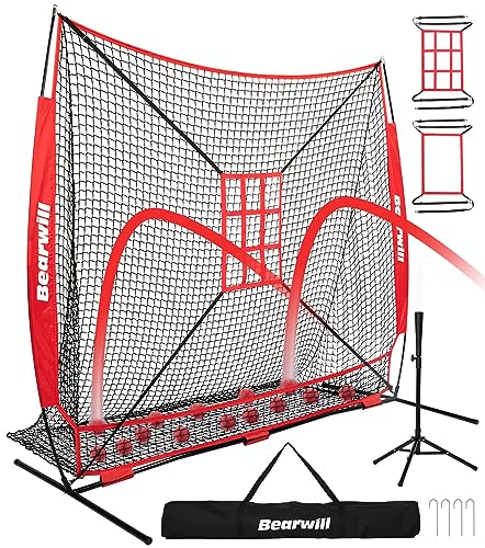 Baseball Net, 7x7ft Baseball Softball Pitching Net with Large Ball Collection System, Hitting Net Batting Net with Tee, 2 Strike Zones, Carry Bag, Baseball Nets for Batting Hitting Pitching
