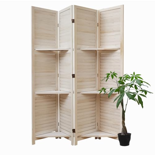 Room Divider with Shelves, 5.6 Ft Tall Folding Wood Screen with Double Hinges for Home Office Bedroom Hotel Decoration (6 Panels, Brown)
