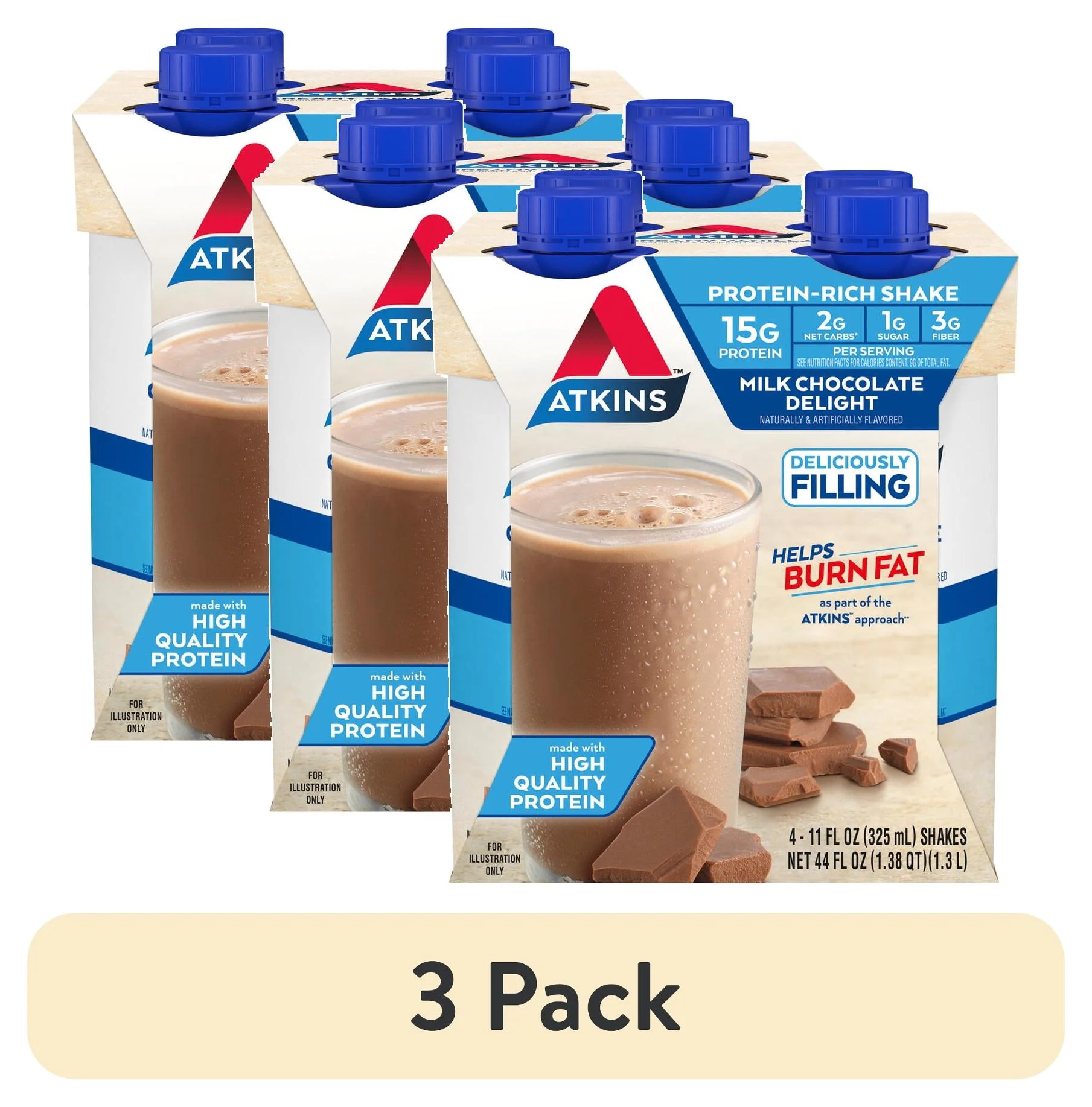 (3 pack) Atkins Milk Chocolate Delight Protein Shake, High Protein, Low Carb, Low Sugar, Keto, Gluten Free, 4 Ct