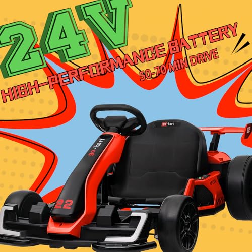 KerryYoo K61 Go Kart Electric Drift Kart Car with Length Adjustable Seat, 24V Outdoor Ride on Toy with 4 Speed Mode, Crazy Cart for Kids 6-12 Years Old, Fast 300W Motor, 8.5 MPH, Bluetooth - Red