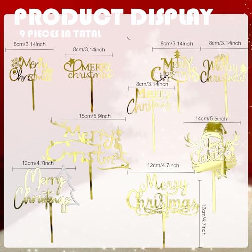 9 Pcs Merry Christmas Cake Topper Cake Decoration for Winter Xmas Party, Acrylic Mirror Gold Cupcake Topper Picks Cake Topper for Christmas Holiday Cake Desserts Decor Supplies
