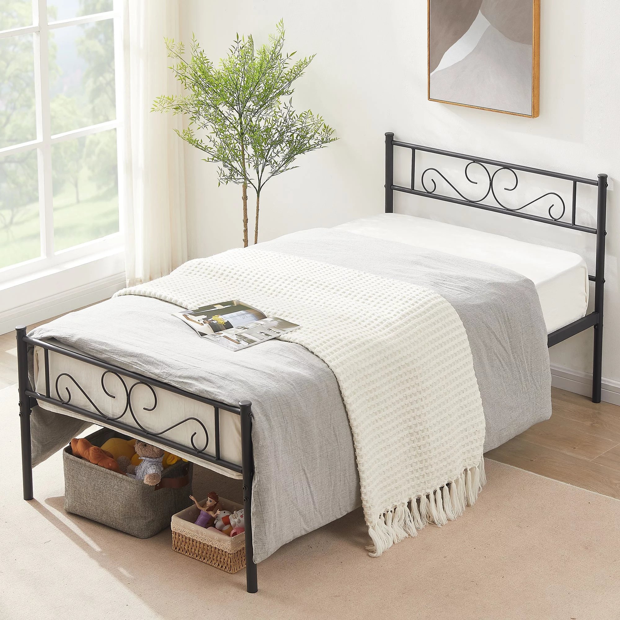 VECELO 3-Piece Bedroom Set with Twin Bed Frame and 2 Black Nightstands