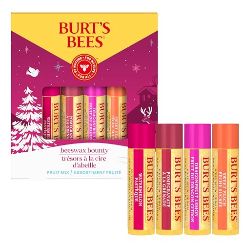 Burt's Bees Christmas Gifts, 4 Lip Balms Stocking Stuffers Products, Beeswax Bounty Fruit Mix - Watermelon, Pomegranate, Dragonfruit Lemon & Sweet Peach (4-Pack)