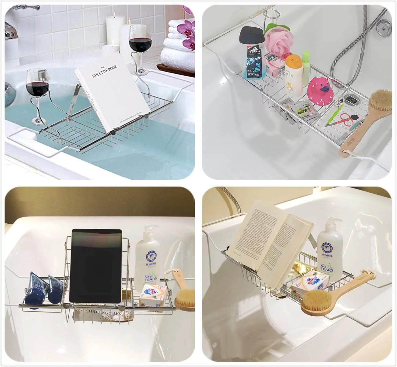 Bathroom Trays with Reading Rack and Wine Glass Holder Bathtub Caddy with Candle Holder