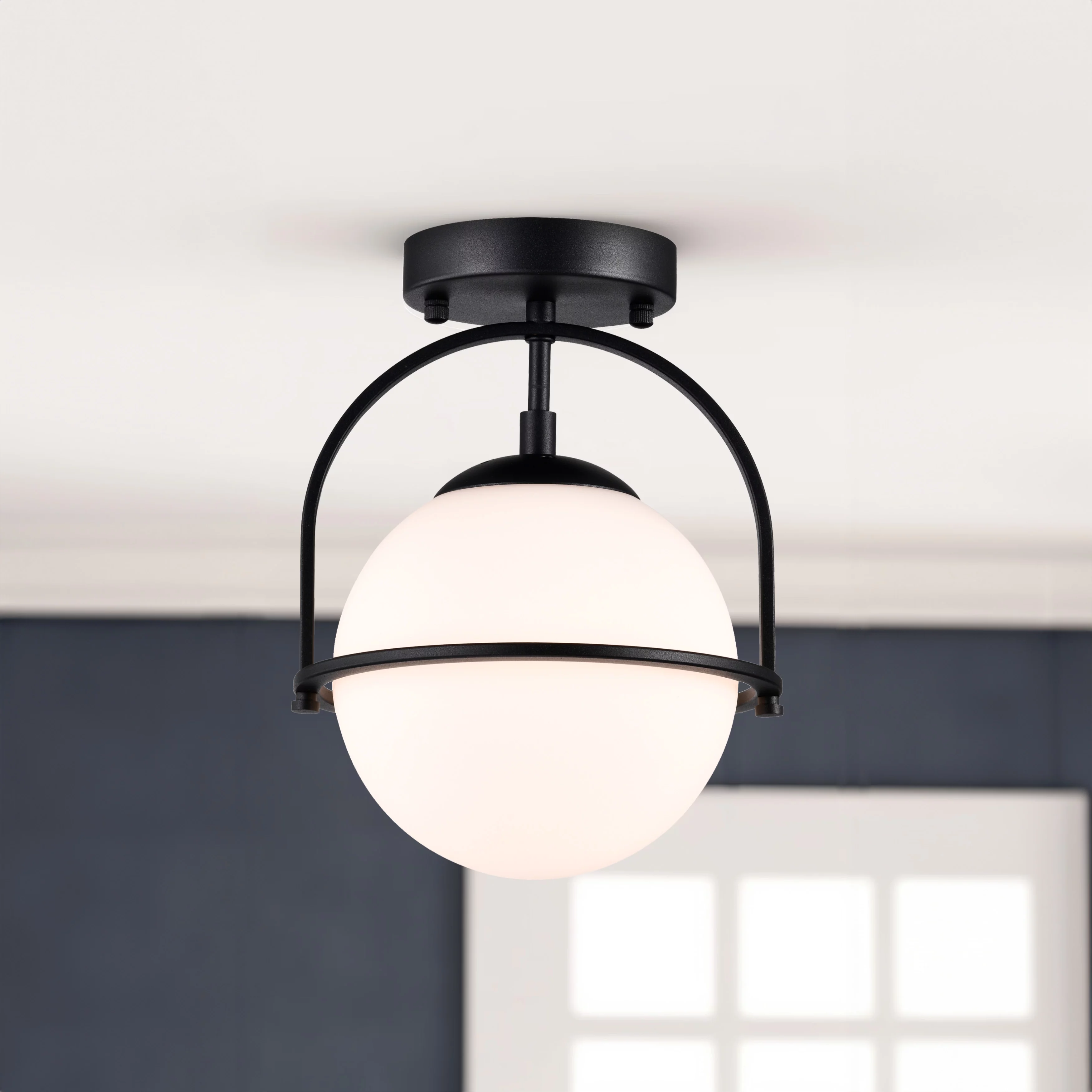 Semi Flush Mount Ceiling Light Globe Flush Mount Ceiling Light Fixtures Black Chandelier 1-Light Mid Century Modern Ceiling Lights Opal Glass Shade for Hallway Porch Kitchen Bathroom