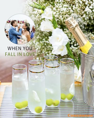 24 Pcak Champagne Flutes Plastic, 9 Oz Disposable Stemless Mimosa Gold Rim Toasting Glasses, Clear Crystal Plastic Cocktail Cups for Party Wedding Birthday