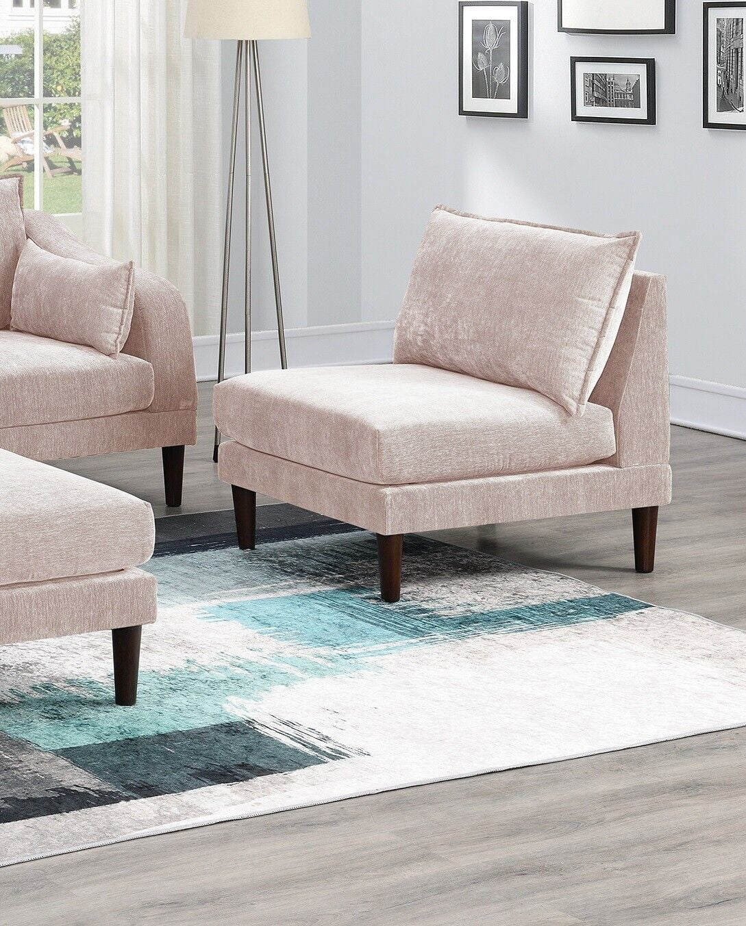 Living Room Classic 5pc Modular Sofa set 2x Armless Chair 2x Corner Wedge 1x Ottoman Blush Morgan Fabric Cushion Couch