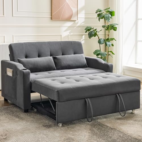 GarveeHome 3 in 1 Convertible Sleeper Sofa Bed, Corduroy Futon Couches with Pull-Out Bed, Adjustable Backrest, Charging Port & Side Pockets, Modern Upholstered Sofa for Living Room, Guest Room