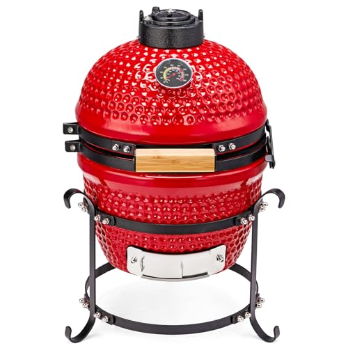 ROVSUN 13IN Red Spherical Ceramic Charcoal Grill with Inner Liner, Portable BBQ Smoker for Outdoor Cooking, Camping, and Backyard Grilling